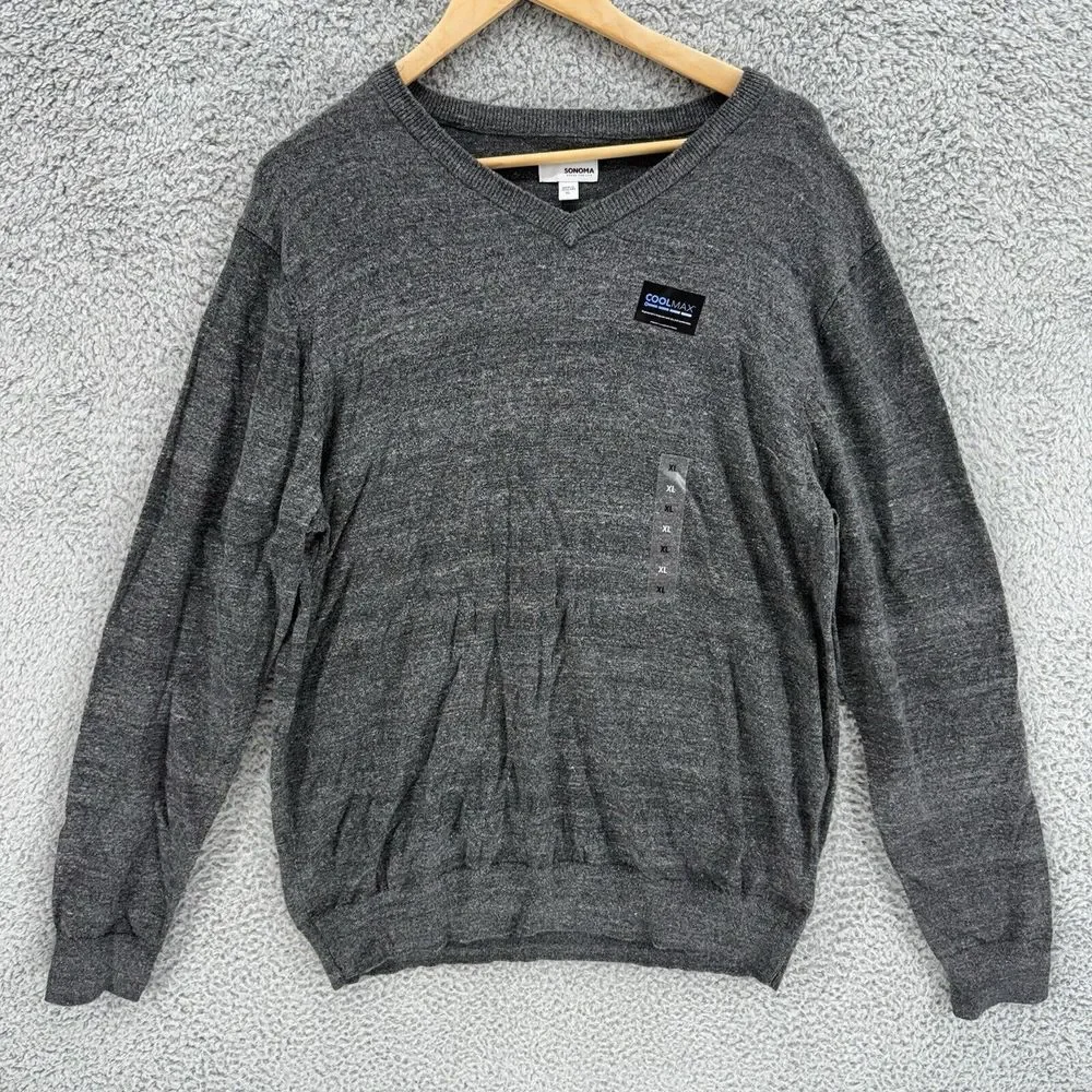 NWT‎ Sonoma Mens XL Pullover V-Neck Coolmax Gray Heathered Long Sleeve Sweater